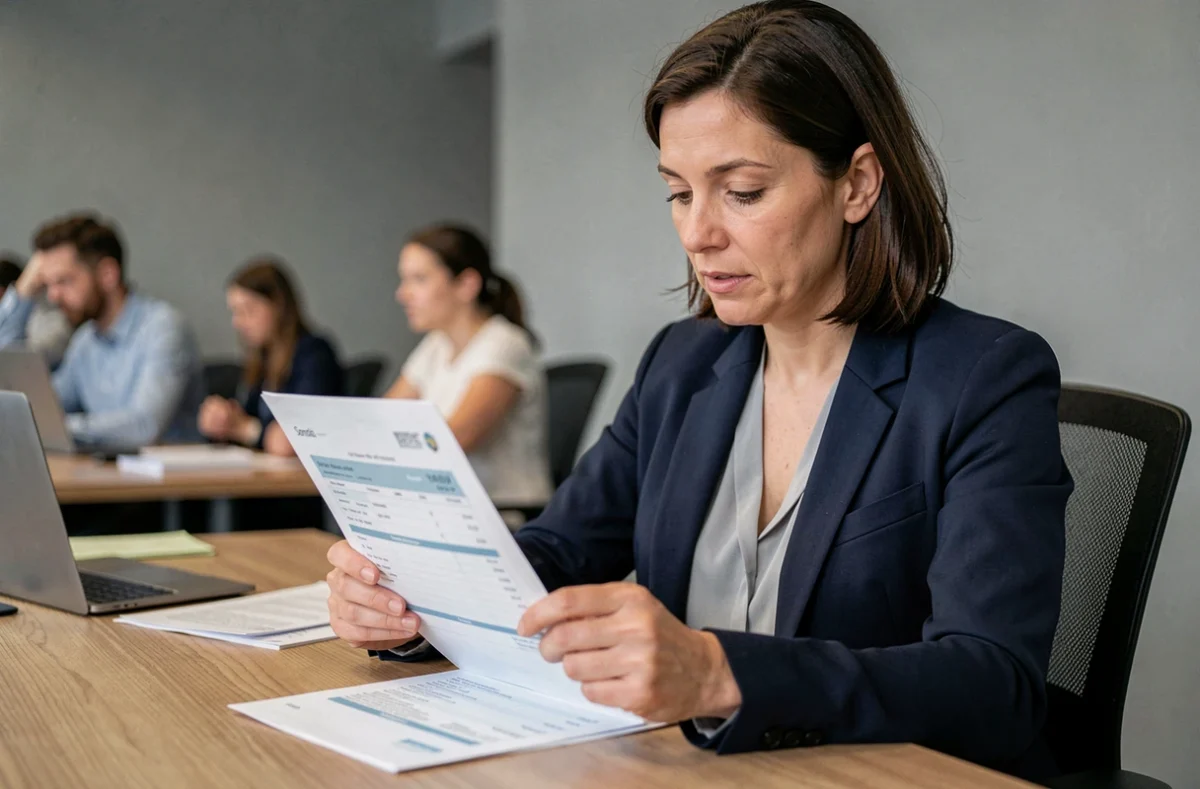 Femme en bureau examinant attentivement une fiche de paie, illustrant le calcul du salaire net à partir d'un brut de 30000 euros