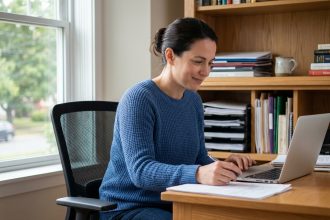 Femme réfléchie dans un bureau à domicile moderne