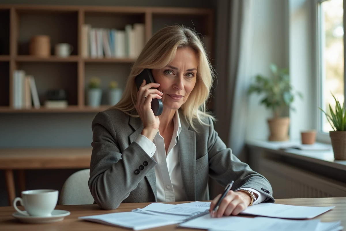 Femme d'âge moyen au bureau parlant au téléphone