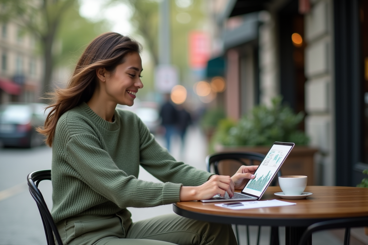 Femme souriante analysant des graphiques financiers au café