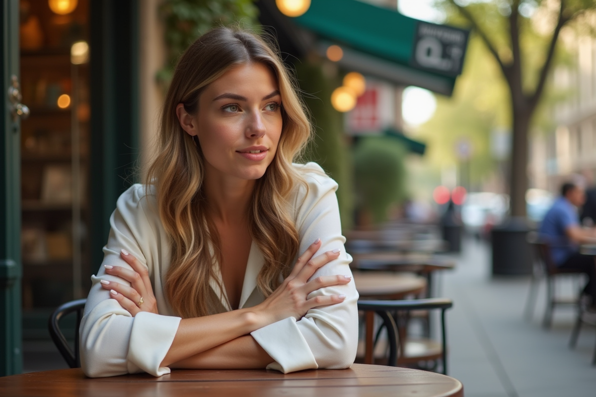Femme analysant la bourse sur une tablette en terrasse
