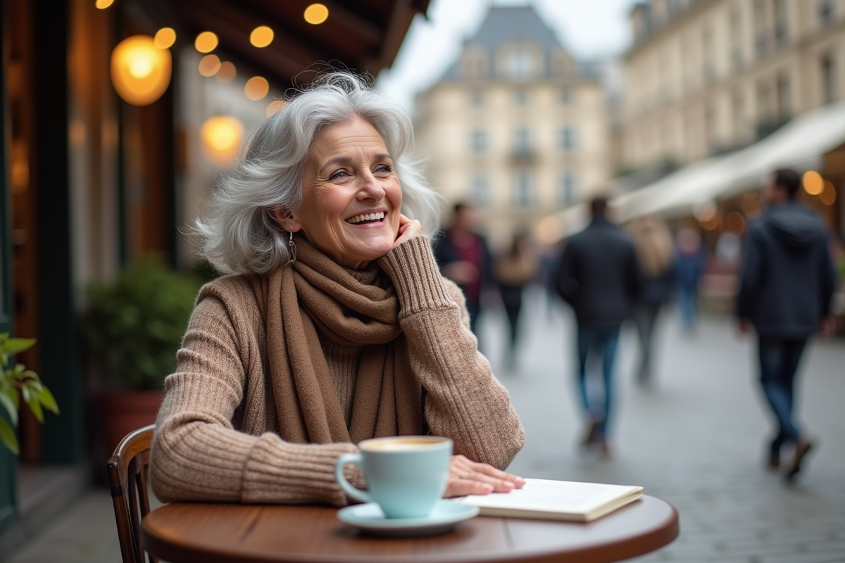 Femme souriante assise au cafe avec tasse et journal