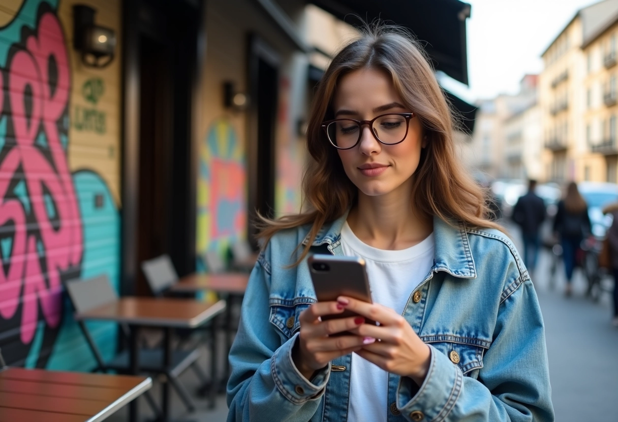 Jeune femme vérifiant son smartphone devant un café urbain