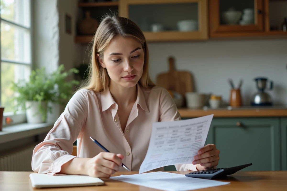 Jeune femme réfléchissant avec calculatrice dans une cuisine