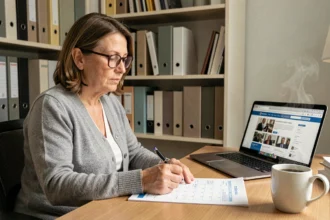 Femme consultant un calendrier d'invalidité 2026 imprimé à son bureau à domicile