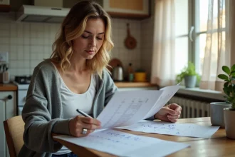 Femme consultant un calendrier mensuel CAF avec dates de paiement notées à la main dans une cuisine française
