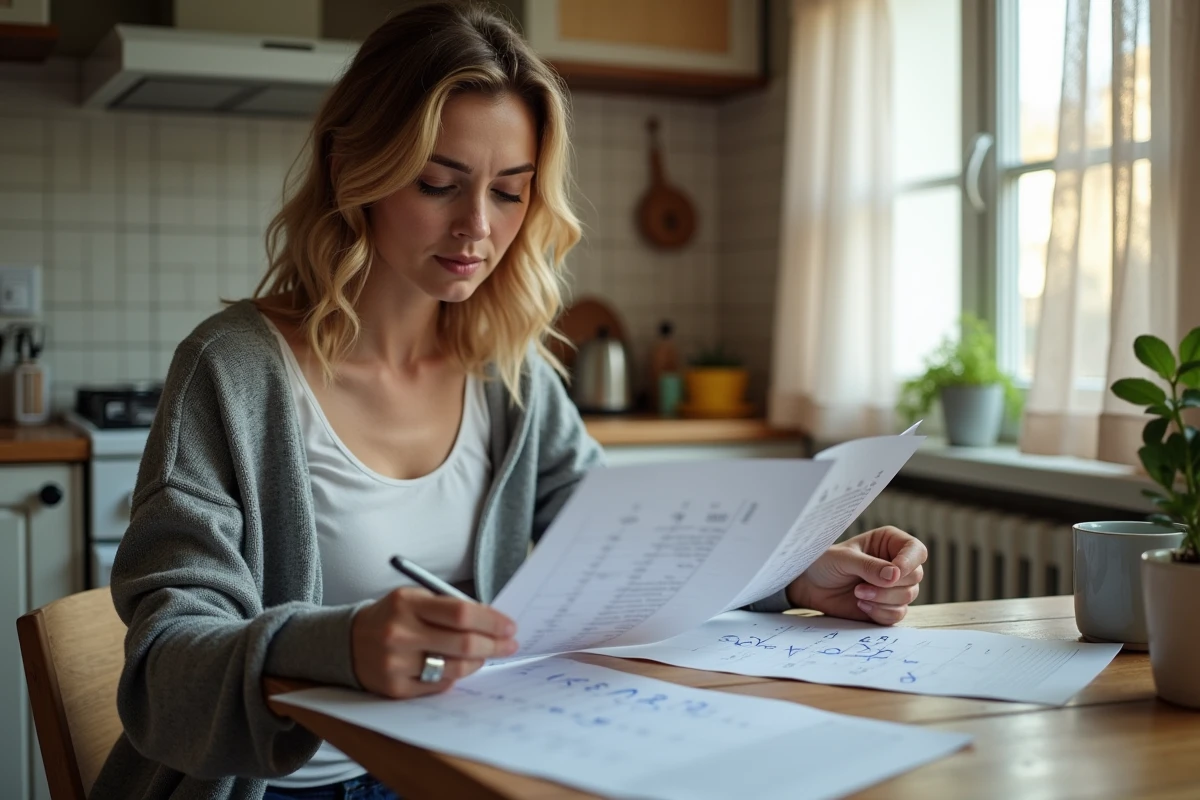 Femme consultant un calendrier mensuel CAF avec dates de paiement notées à la main dans une cuisine française