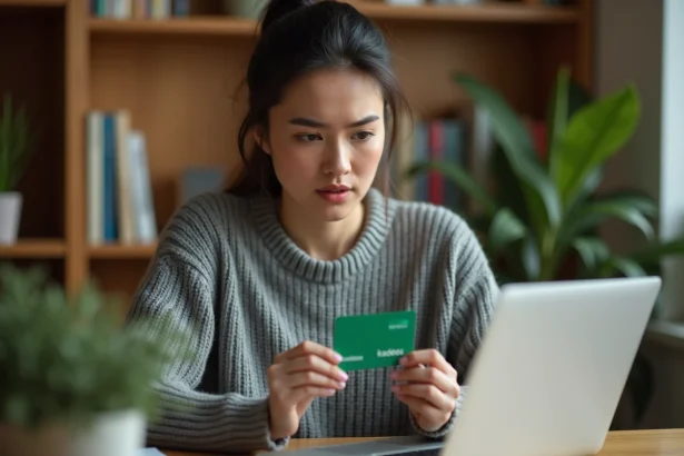 Femme tenant une carte cadeau Kadeos Infini devant un ordinateur portable, cherchant à l'utiliser sur Amazon