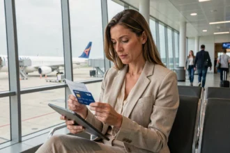Femme tenant une carte Visa Premier à l'aéroport en consultant son attestation d'assurance voyage