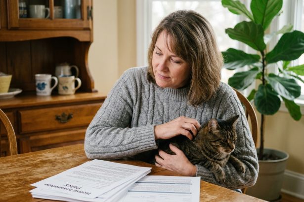 Femme tenant son chat tigré sur ses genoux tout en consultant des documents de mutuelle animale sur une table en bois