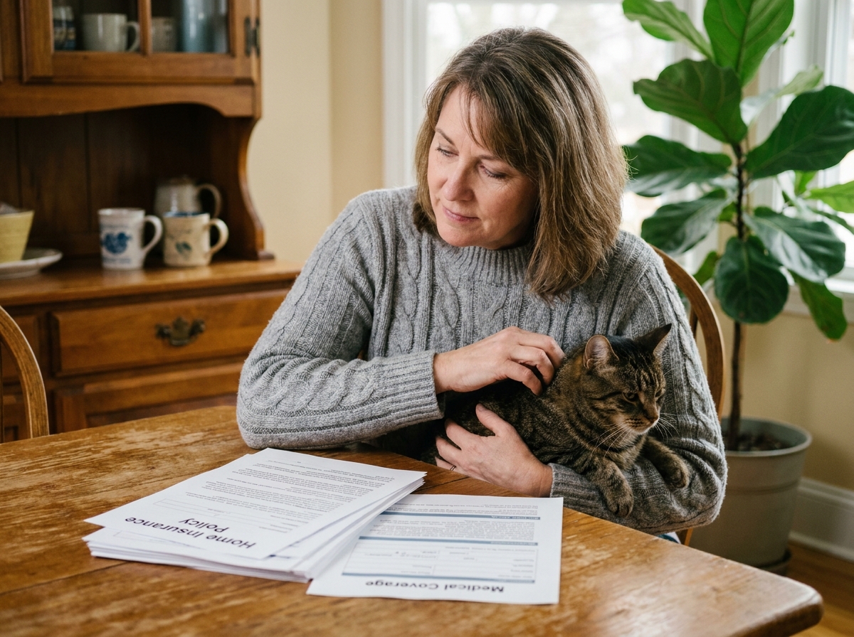 Femme tenant son chat tigré sur ses genoux tout en consultant des documents de mutuelle animale sur une table en bois
