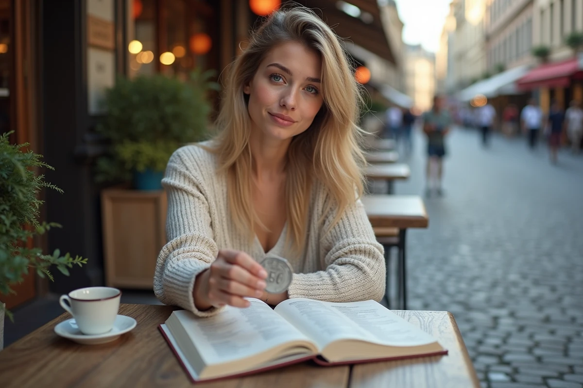 Jeune femme tenant une pièce de 50 Francs 1977 au café