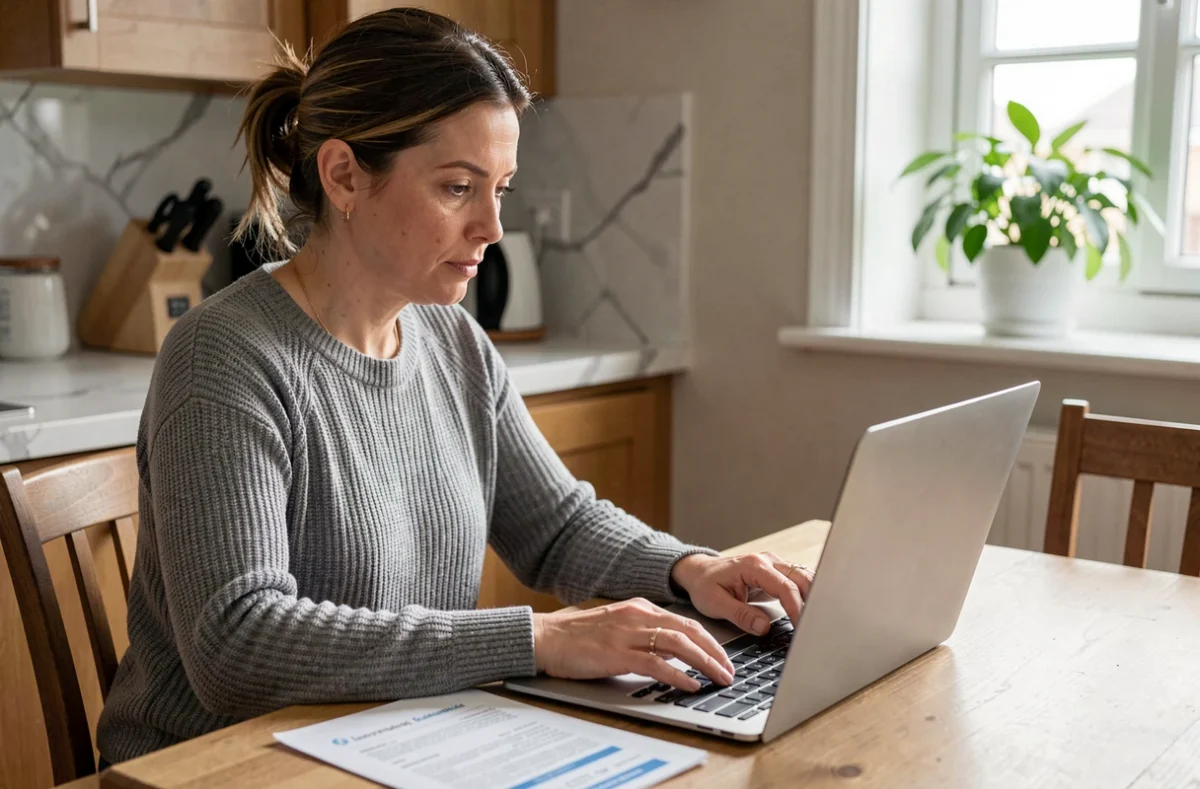 Femme comparant des courtiers en assurance emprunteur sur internet depuis son domicile
