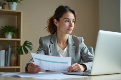 Femme consultant un comparatif de taux bancaires sur son bureau à domicile