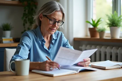 Femme moyenne age compare deux relevés bancaires