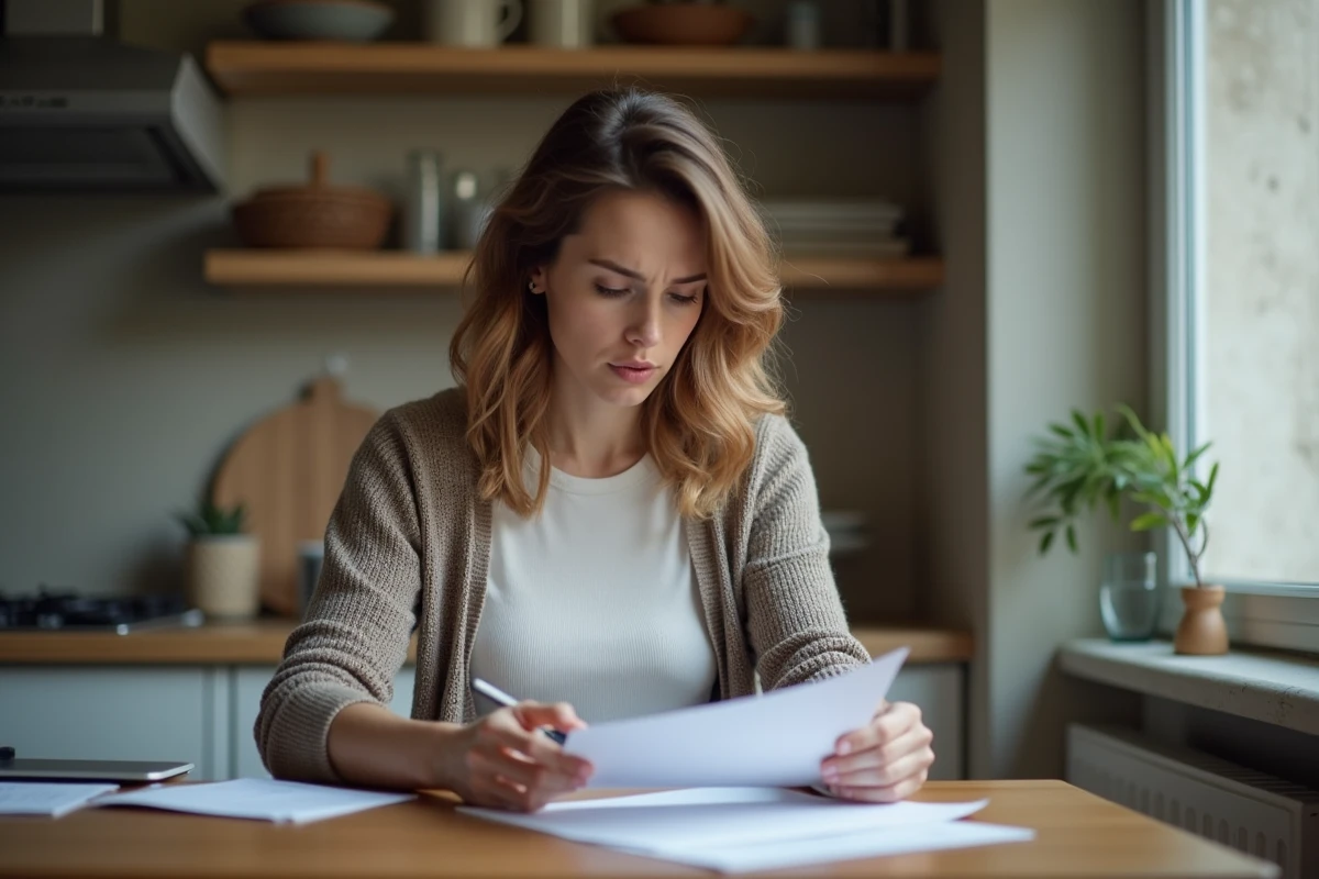 Femme préoccupée vérifiant un document dans un appartement français