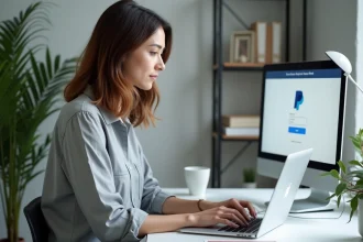 Femme utilisant PayPal sur un ordinateur portable dans un bureau à domicile pour contacter le service client