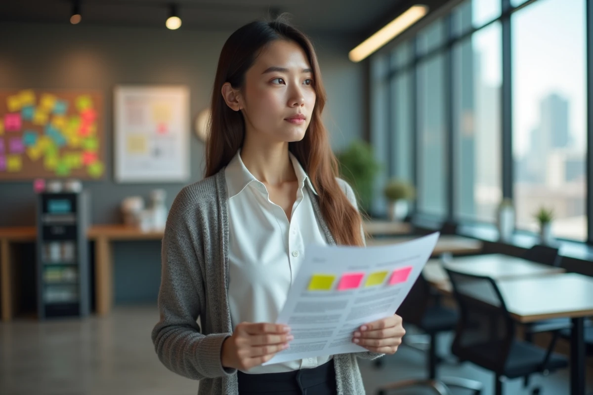 Jeune femme avec contrat dans un espace de pause