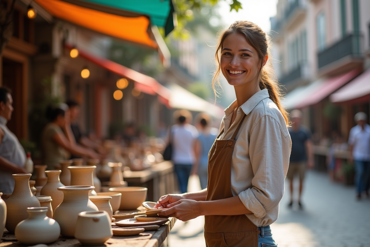 Jeune femme artisan vendant sa poterie au marché en plein air