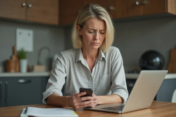 Femme d'âge moyen dans une cuisine moderne vérifiant son smartphone