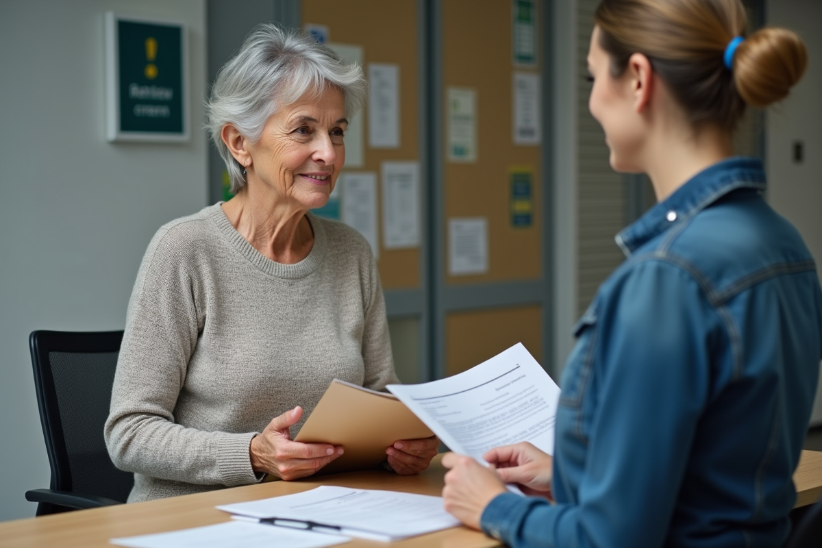 Femme discutant de documents de retraite avec un agent dans un bureau public