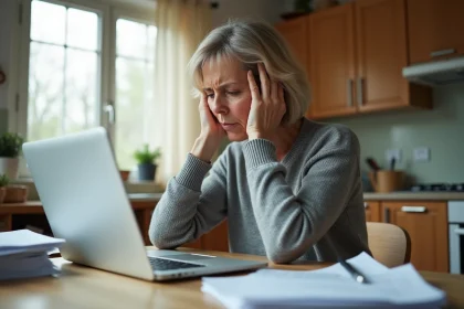 Femme frustrée examinant des documents d'assurance Pacifica après un sinistre à la maison