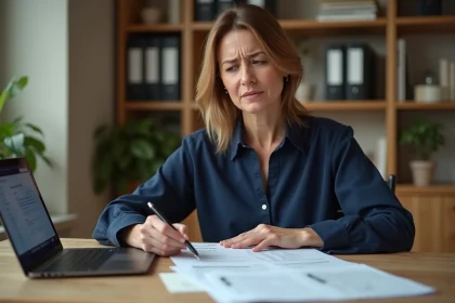 Femme consultant des documents fiscaux officiels à son bureau à domicile, illustrant la gestion des créances publiques et amendes
