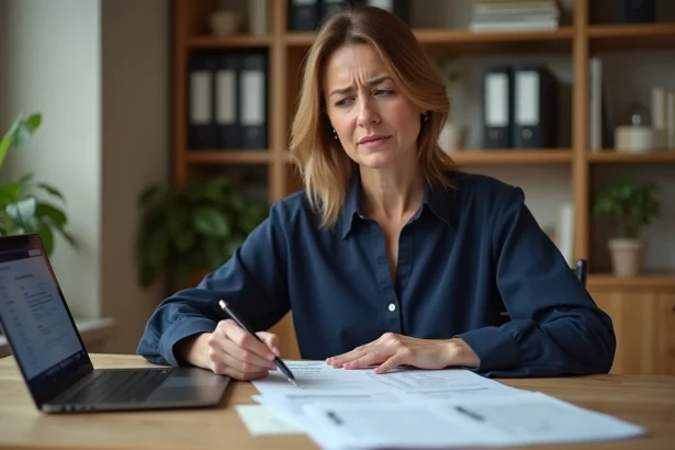 Femme consultant des documents fiscaux officiels à son bureau à domicile, illustrant la gestion des créances publiques et amendes