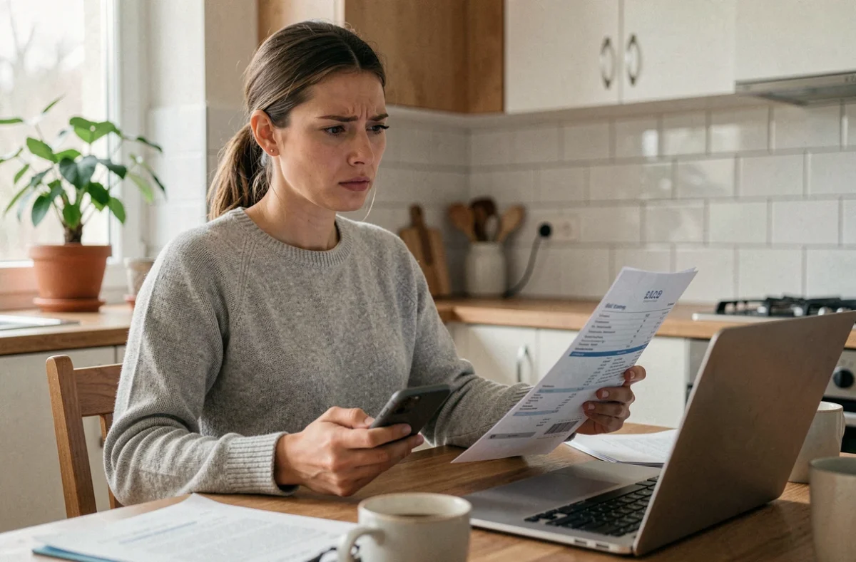 Femme consultant sa facture Free sur un ordinateur portable avec une facture papier à la main dans sa cuisine