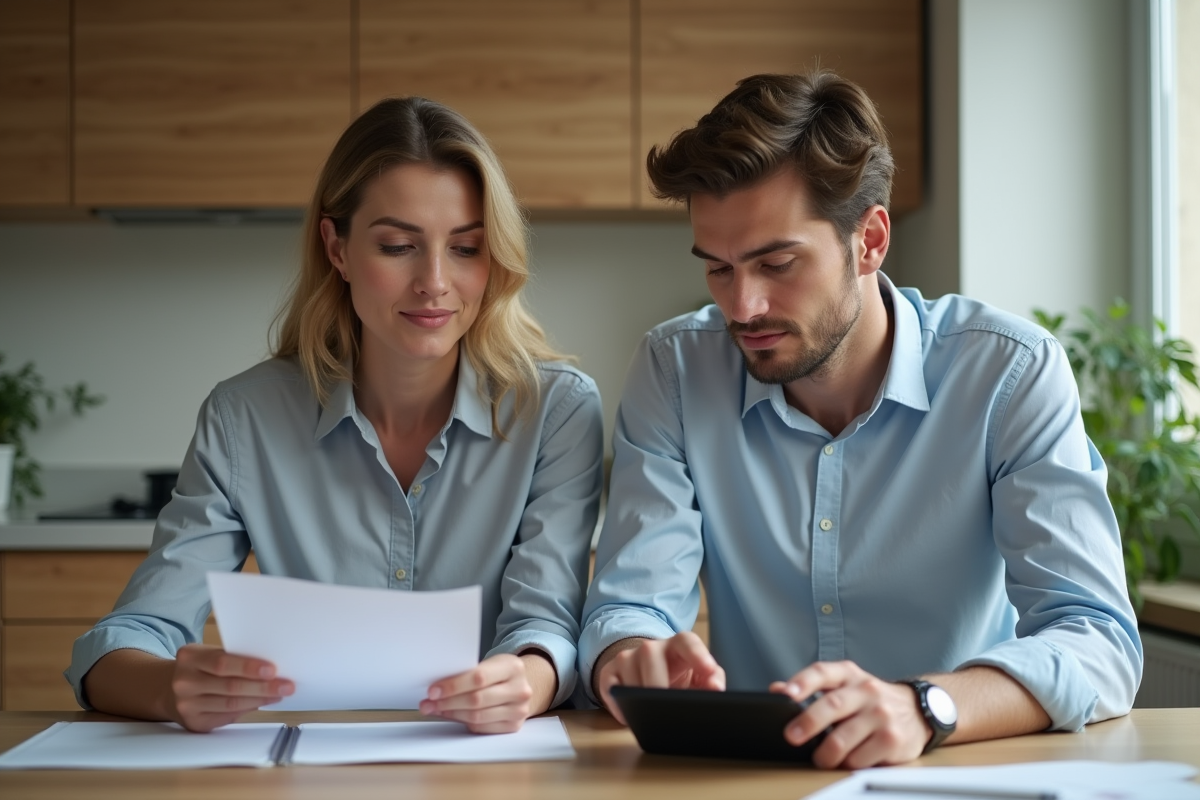 Femme et homme regardant des documents à la maison