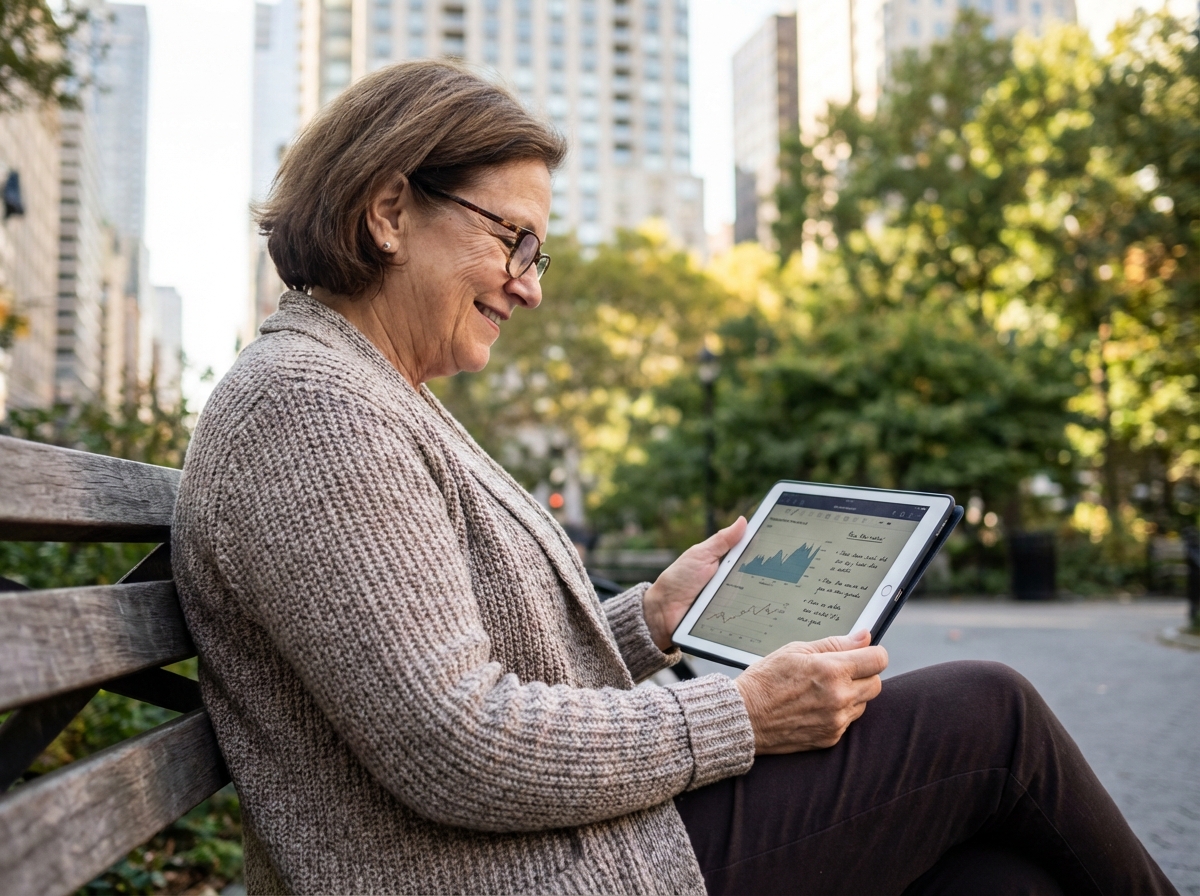 Femme senior consulte ses notes d