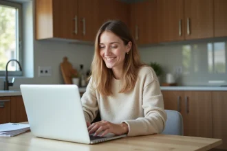 Jeune femme souriante utilisant un ordinateur pour télécharger des documents