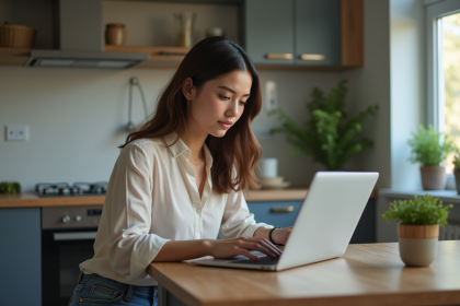 Jeune femme concentrée sur son ordinateur dans une cuisine moderne