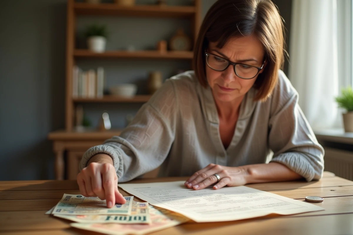 Femme d'âge moyen examinant un vieux contrat avec des billets de franc