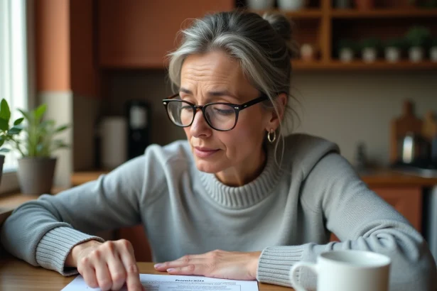 Femme lisant attentivement une notification d'indemnisation chômage ligne par ligne à une table de cuisine