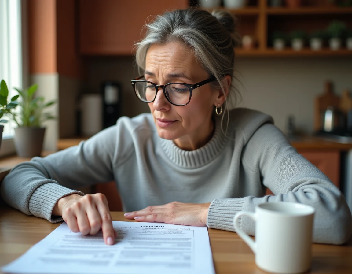 Femme lisant attentivement une notification d'indemnisation chômage ligne par ligne à une table de cuisine
