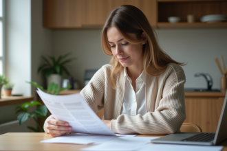 Femme organisée examinant des documents de crédit à la maison