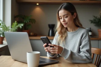 Femme payant sa facture Free Mobile en avance sur smartphone et ordinateur portable pour éviter les impayés