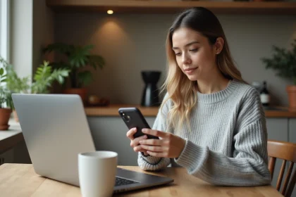 Femme payant sa facture Free Mobile en avance sur smartphone et ordinateur portable pour éviter les impayés
