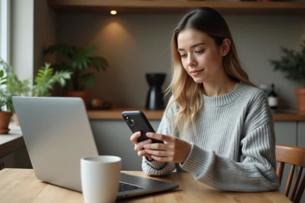 Femme payant sa facture Free Mobile en avance sur smartphone et ordinateur portable pour éviter les impayés