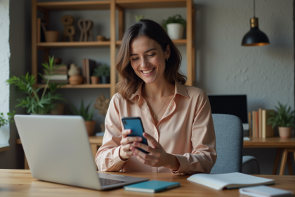 Femme utilisant son smartphone pour un paiement virtuel à domicile
