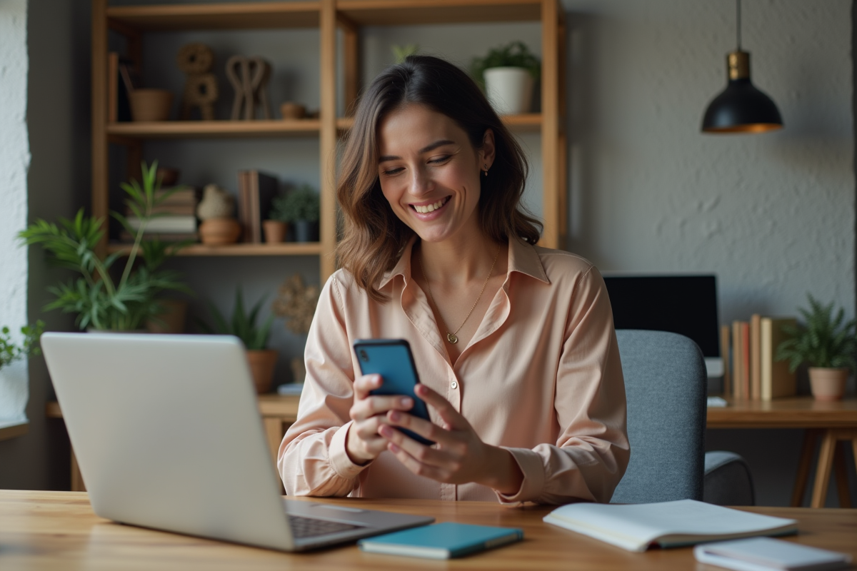 Femme utilisant son smartphone pour un paiement virtuel à domicile
