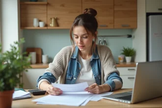 Femme concentrée à la cuisine avec papiers et ordinateur
