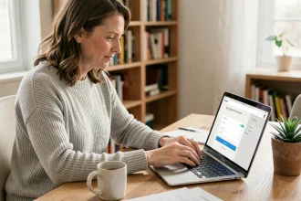 Femme paramétrant le prélèvement automatique de sa facture Free sur un ordinateur portable à domicile