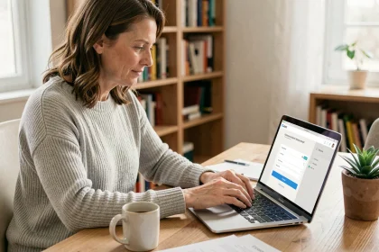 Femme paramétrant le prélèvement automatique de sa facture Free sur un ordinateur portable à domicile