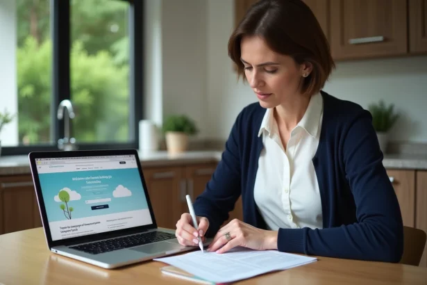 Femme de 40 ans remplissant des documents avec ordinateur