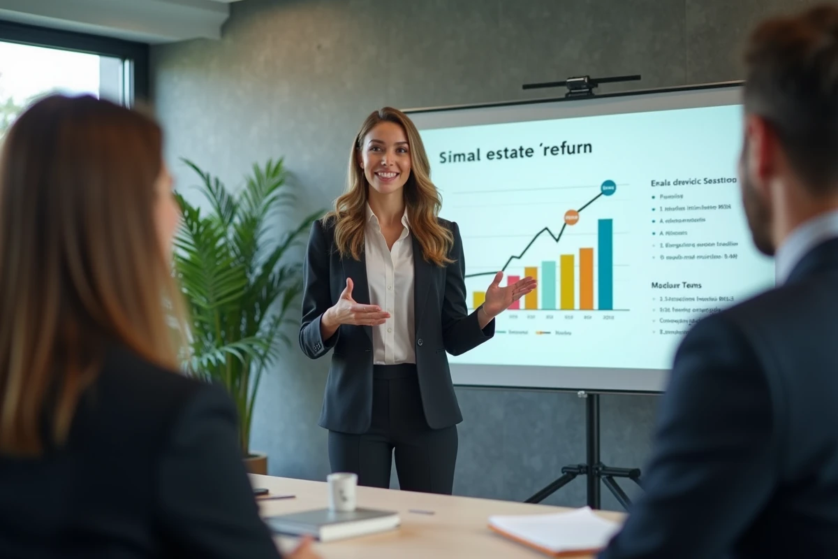 Jeune femme en réunion expliquant un diagramme immobilier