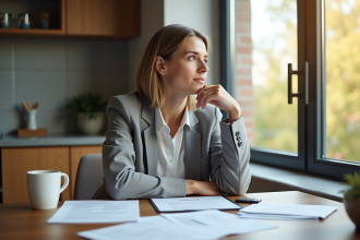 Femme réfléchie dans sa cuisine avec documents d'assurance