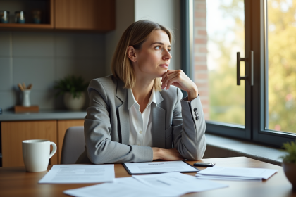 Femme réfléchie dans sa cuisine avec documents d'assurance