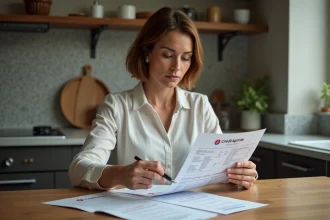 Femme examinant son relevé Crédit Agricole à la maison